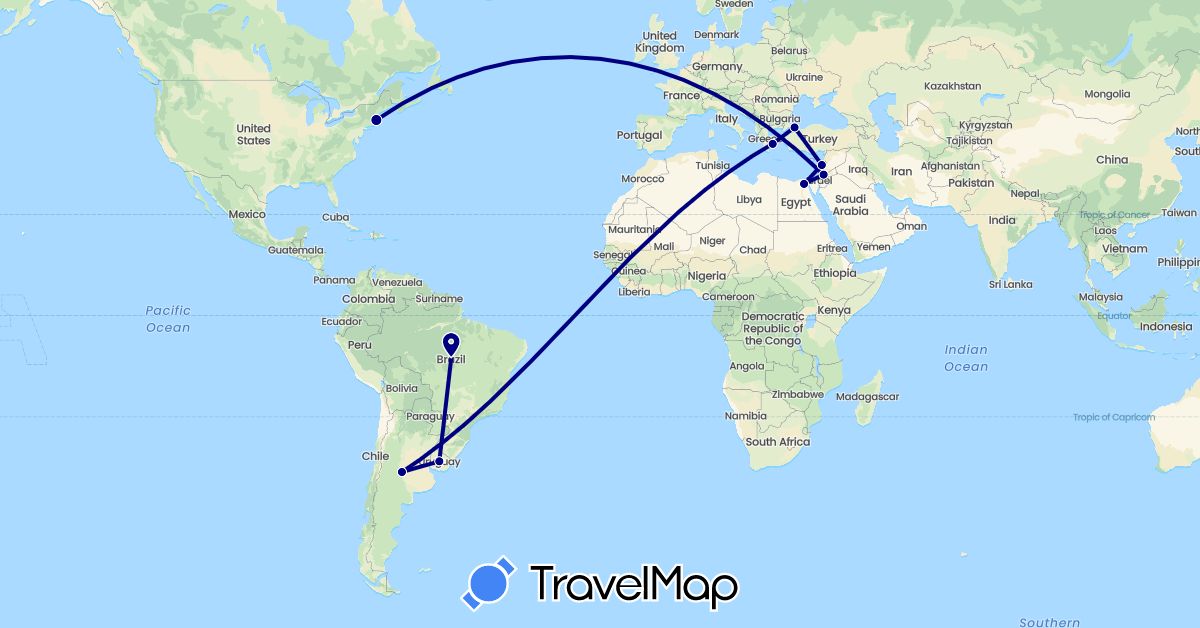 TravelMap itinerary: driving in Argentina, Brazil, Egypt, Greece, Jordan, Lebanon, Turkey, United States, Uruguay (Africa, Asia, Europe, North America, South America)